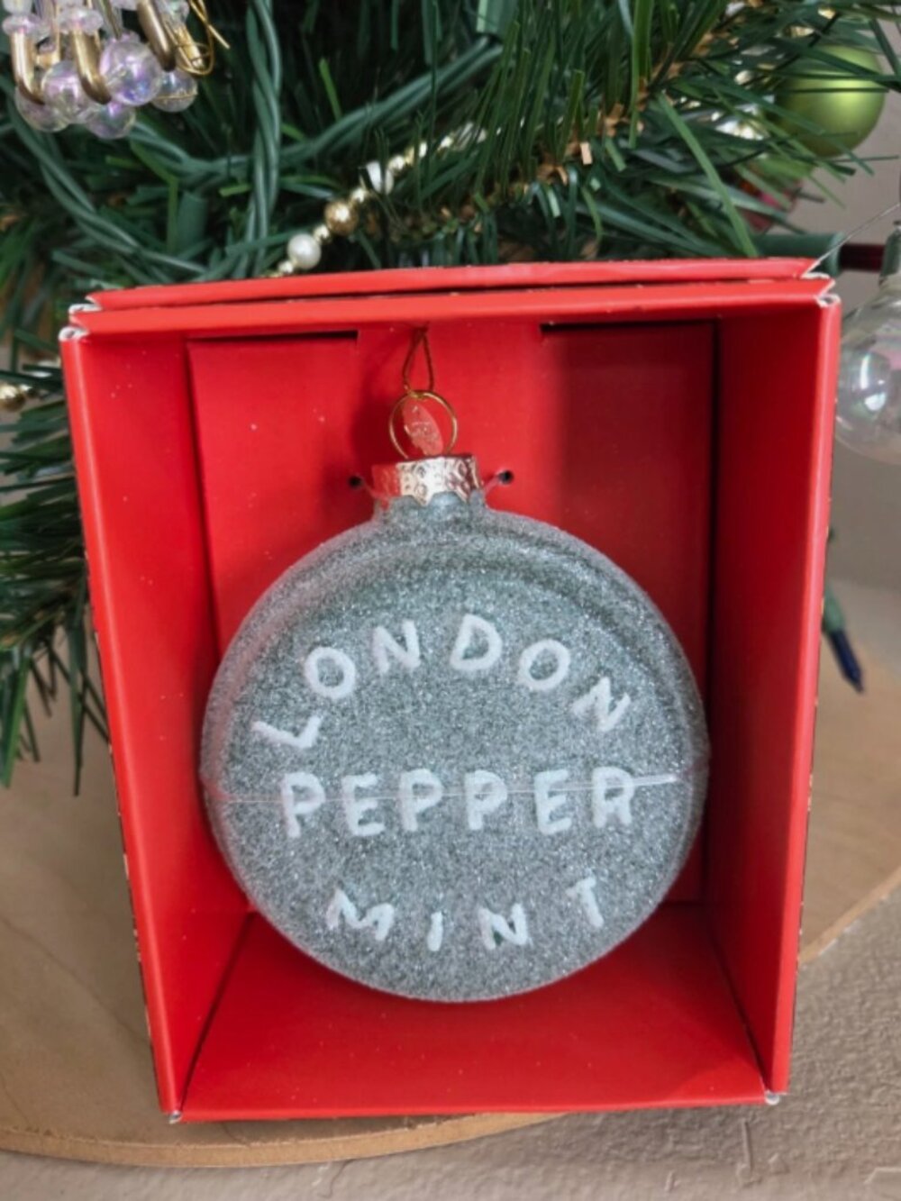 John Derian 2025 Glass London Peppermint Candy Christmas Tree Ornament Gray Box